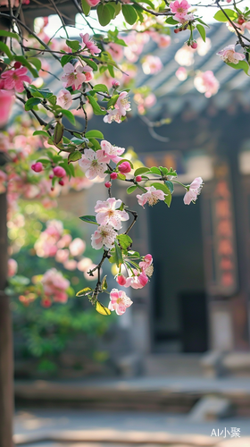 中国古风庭院中的海棠花景