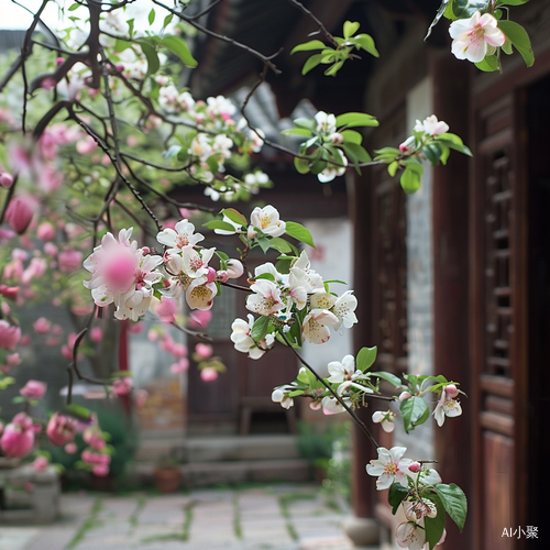 中国古风庭院中的海棠花景