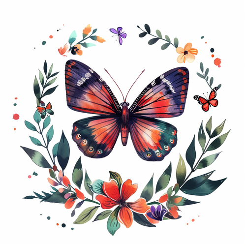 彩色蝴蝶花环插画风格