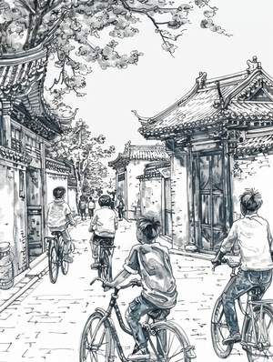 This is a detailed pen and ink drawing depicting a festive scene in the Hutongs of Beijing, with children riding bicycles.The scene is joyful but orderly, showingpeople on vacation and happy interactions against a pure white background."Created using:Pen and ink, high contrast, detailed lines, minimalist style,focus onfacial expressions and technical equipment