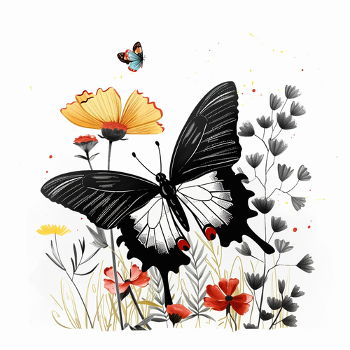 黑白插画风格的蝴蝶站在彩色花朵上
