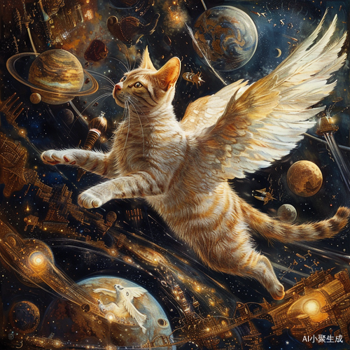 长翅膀的猫猫太空飞翔，畅想宇宙神奇