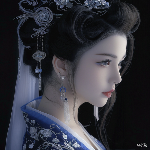 古风青花瓷美女插画：细腻妆容与精细绘画