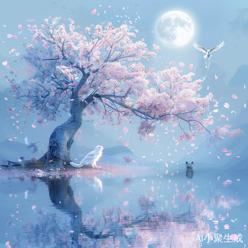 浅蓝色夜晚,樱花树花发光,鹰影下小猫舞花雨