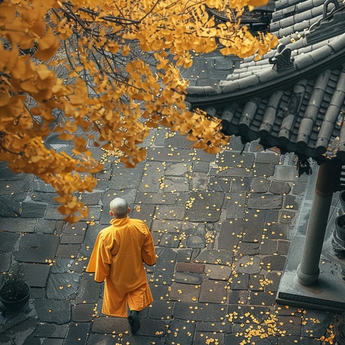 少林寺禅院，银杏树，和尚，禅意。,单一色调背景,高对比度,室外,夏天,白天,雨天,珐琅,半透明,长焦镜头,景深,第三人称视角,鸟瞰图,明暗分明,鲜艳色彩,柔光,晨光,丁达尔光照,冷光