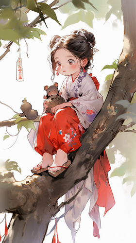 可爱的小女孩手绘插画在树上坐国风汉服汉卡通人物