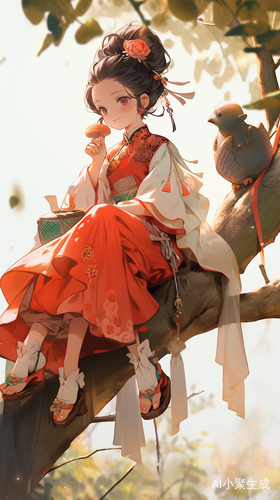 可爱的小女孩手绘插画在树上坐国风汉服汉卡通人物
