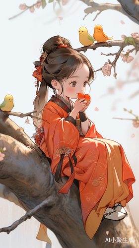 可爱的小女孩手绘插画在树上坐国风汉服汉卡通人物