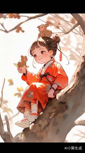 可爱的小女孩手绘插画在树上坐国风汉服汉卡通人物