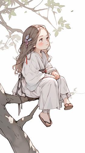 小女孩坐在树上的古典精致贴纸艺术