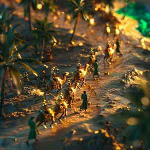 Miniature landscape, camels and merchantswalking on it, gilt gold and emerald green gradient, depth of field, fine particles, Chinese silk, Unreal Engine 5, octane rendering