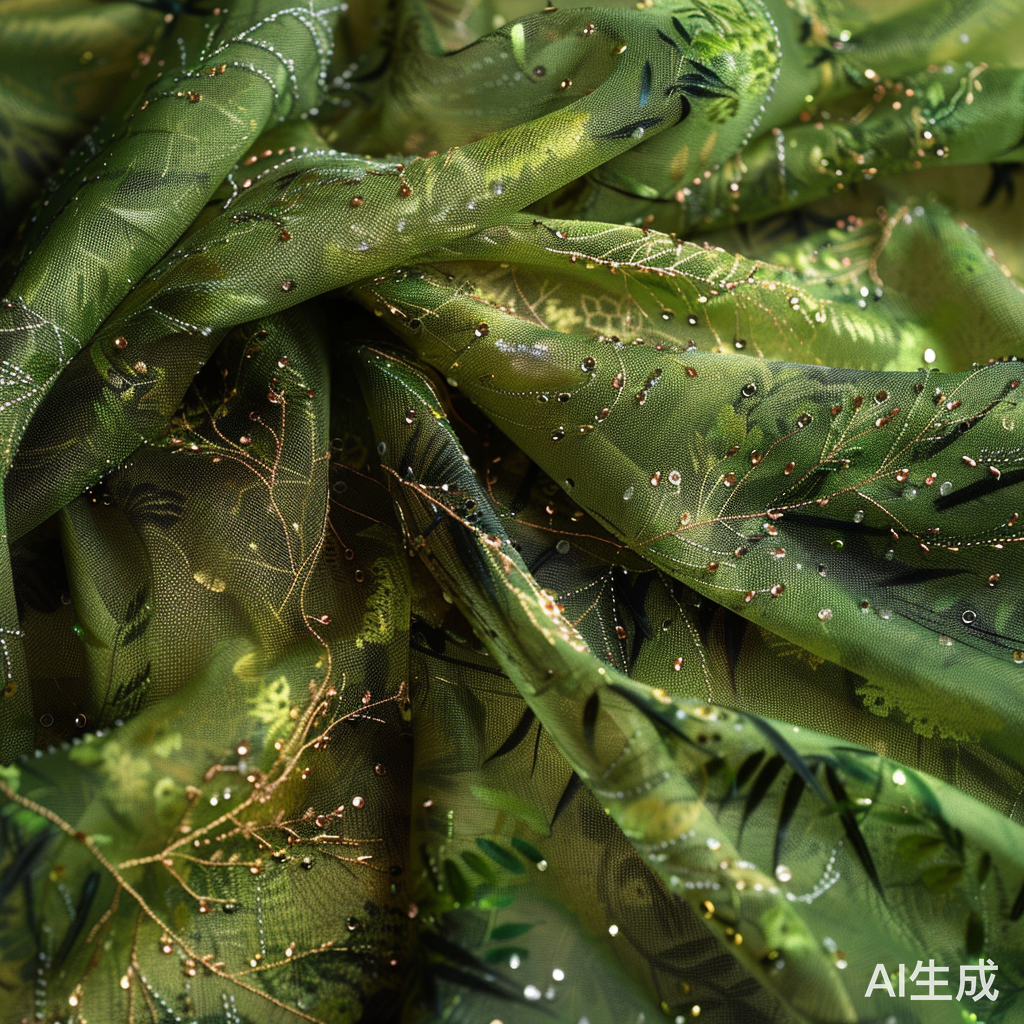 创新绿色丝绸面料上的竹子花瓣暗纹