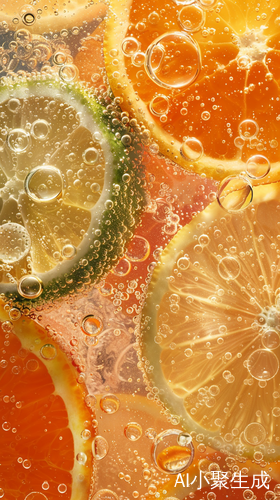 橙色甜橙片与绿色柠萌片在气泡水中的清爽特写