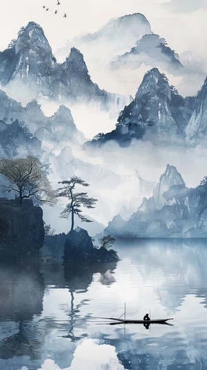 水墨画湖景