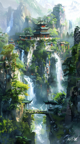 Chinese Style Landscape Painting with Mountains and Waterfalls