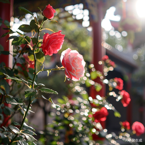 中国古建筑里的红色和粉色月季花