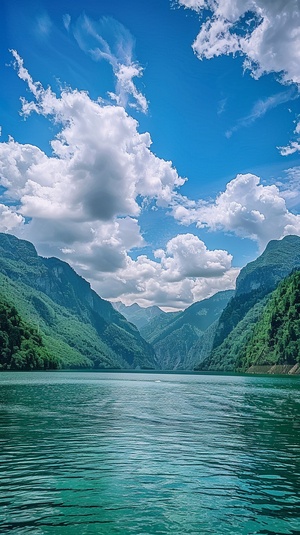 摄影风格，蓝天白云，青山绿水的风景，