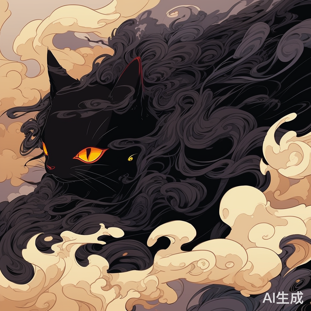 风云异兽：黑色烟雾围绕的三尾黑猫