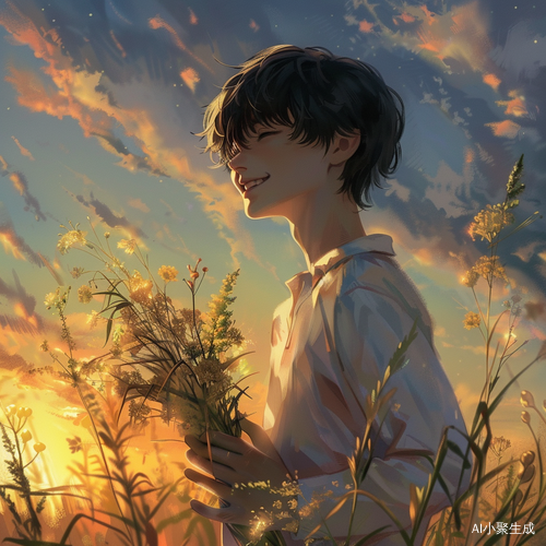 清俊少年手执花束 黄昏下远眺