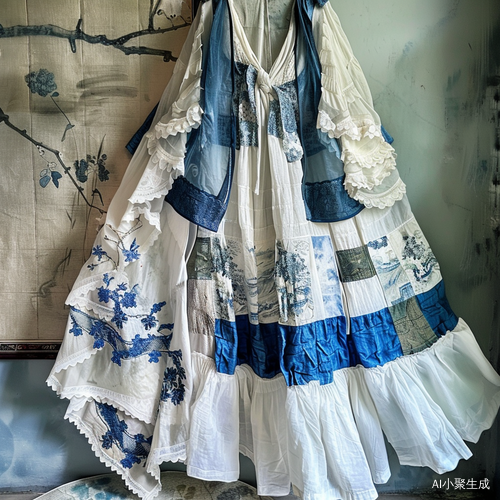 拼布长裙和短裙，香槟色顺纡绉布料与欧根纱长裙