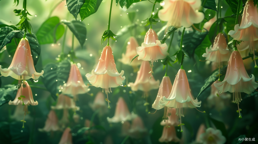 雨后白粉花朵喇叭花，虚化绿植背景，梦幻超高分辨率
