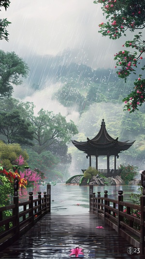 The bridge in the garden is surrounded by flowers, and there is an ancient pavilion on one side of it. The background features misty rain, with a nearby lake reflecting the clouds and sky. On both sides of the wooden guardrail path stand lush trees, creating a peaceful atmosphere. A high definition mobile phone wallpaper captures this beautiful scene. It showcases a landscape painting in the style of Chinese landscape paintings, rendered using C4D software, featuring ultra high definition resolution and a r