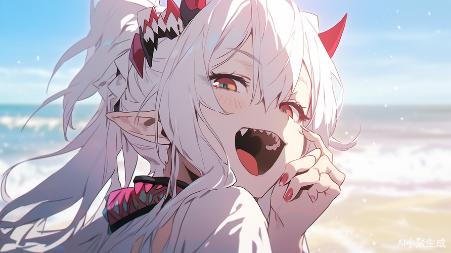 白发公主少女雌小鬼的比基尼沙滩双马尾