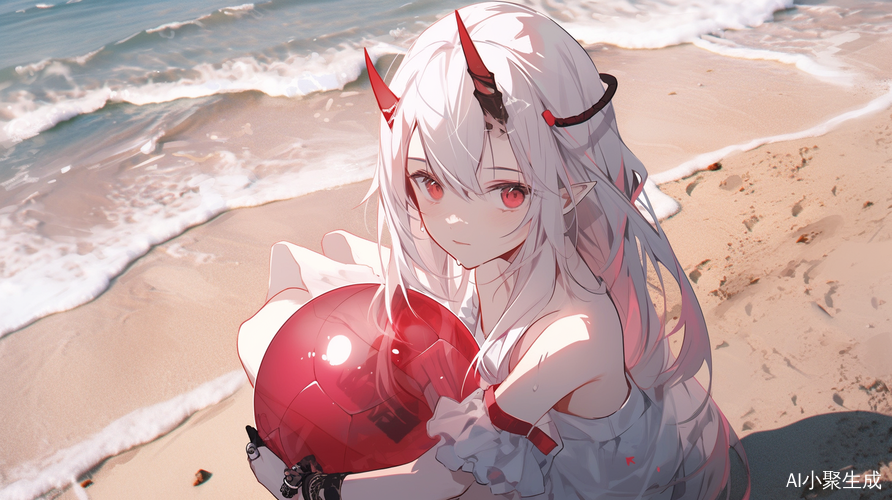 白发萝莉雌小鬼在沙滩上做鬼脸，手抱皮球