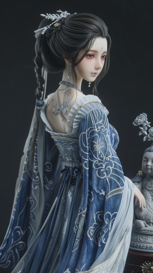 A beautiful woman in ancient Chinese style, wearing a traditional Han Dynasty blue and white porcelain dress, with long hair, facing an ancient Chinese doll. The artwork should be a mid-range full-body illustration with an animated character design, set against a black background. The woman should have deep grey eyes, delicate facial features, and finely detailed makeup. The image should be meticulously drawn, incorporating three-dimensional lighting and shadow effects to create a captivating illustration w