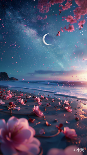 Transparent Beach with Silvery White Crescent and Floating Fuchsia and Blue Peaches