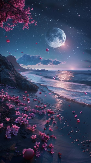 The picture is transparent, a silvery white big crescent is scattered on the beach with the Milky Way stars, there are many fuchsia and blue peaches floating on the beach, fuchsia and blue peach blossoms, many fuchsia and blue Peaches Floating on the Sea Flower, Silver, Ultra Wide, Unreal Engine, dream,smoke,HD, ar 9:16 q 5