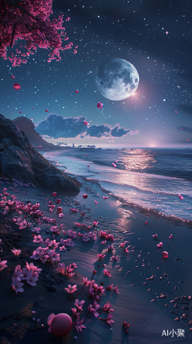 Transparent Beach with Silvery White Crescent and Floating Fuchsia and Blue Peaches