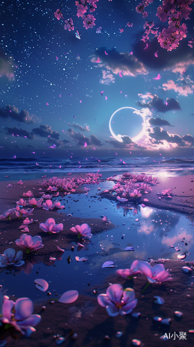 Transparent Beach with Silvery White Crescent and Floating Fuchsia and Blue Peaches