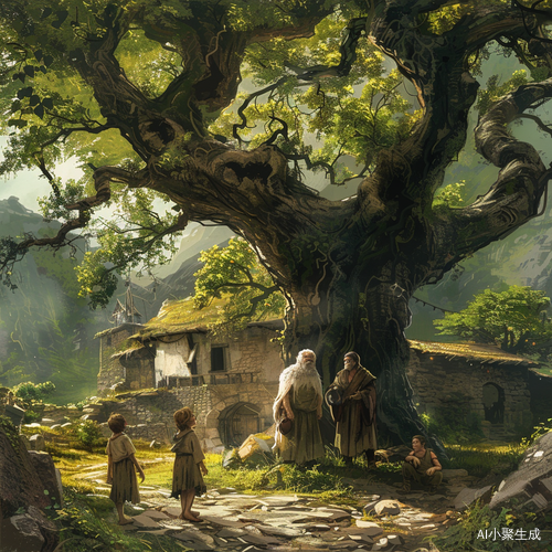 白发苍苍的老人在大树下回答孩童的问题