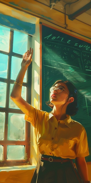 Illustration design, looking up, A teacher wearingprofessional attire is teaching in front of the blackboard,in the style of Wu Daozi, A riot of colors, fine gloss, 3Drendering, oc rendering, best quality, 8K, pastel colors,cinematic textures, medium close-up ar 3:4