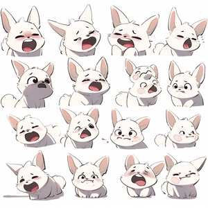 A cute dubin dog, face close-up, expression close-up, full bodyDog expressions and movements, exaggerated movements, happy,angry，sad，Surprised，happy，Happiness, anger, sadness, embarrassment, anger, coquettishness, shyness，etc., variousemotions, white background, qversion,Sticker art design,ultra-highdefinition，8k，nine- square layout