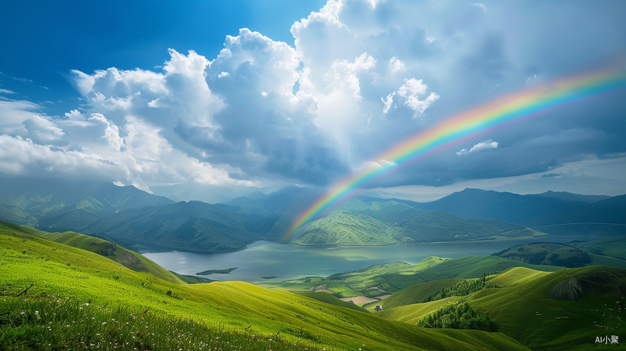 高分辨率摄影：雨后彩虹与青山绿水的美景