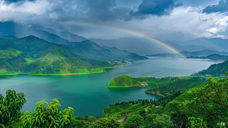 高分辨率摄影：雨后彩虹与青山绿水的美景