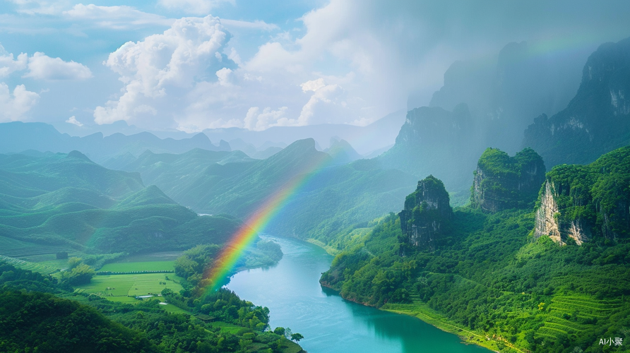 高分辨率摄影：雨后彩虹与青山绿水的美景