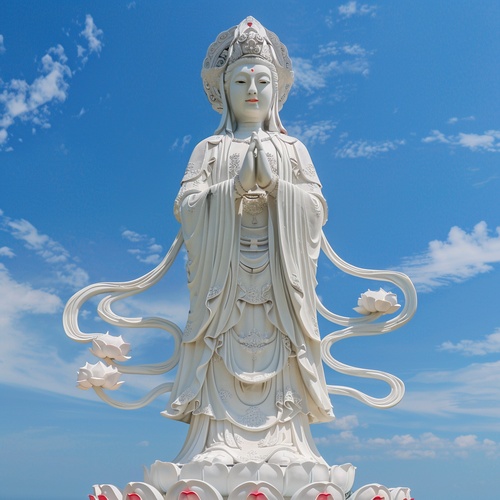 In the blue sky background of the South China Sea, the statue of the female Bodhisattva is resplendent and bright red lotus flowers. The goddess of Guanyin meditates sacred and inviolable. The appearance of the female goddess of Guanyin is kind and the wedding dress is beautiful. The clothing of the female goddess of Guanyin is usually very gorgeous and has a perfect figure. She wears a loose skirt and robe. The robe is embroidered with bright, bright and auspicious patterns, such as lotus cloud patterns, e