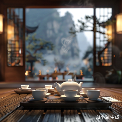 新中式茶厅-白色茶具-黑色茶盘-俯视效果-背景虚化