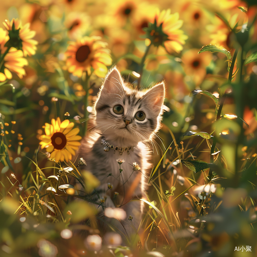 Adorable Digital Art: Cute Cat in Beautiful Sunflower Field