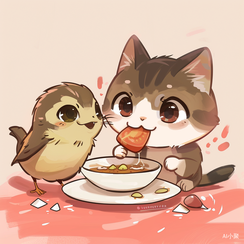 Cute Cartoon Cat and Bird Sharing a Meal - Adorable Digital Art