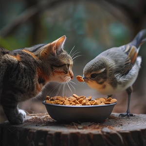 there is a cat and a bird eating food out of a bowl, pet bird, kitty-bird hybrid, cat eating, is looking at a bird, cute and adorable, beautiful and cute, cute animal, pet animal, beautiful cute, eye-contact, eye - contact, awww, having a snack, cute cat photo, making eye contact, ultra realistic picture