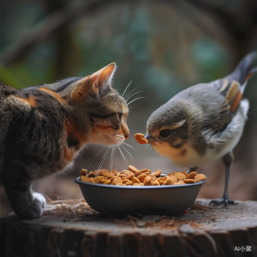 Adorable Cat and Bird Enjoying a Snack Together