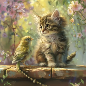 there is a cat that is sitting on a table with a bird, cute digital art, cute detailed digital art, pet bird, cute detailed artwork, adorable digital painting, cute colorful adorable, colorful hd picure, beautiful art, cute artwork, kitty-bird hybrid, beautiful artwork, detailed painting 4 k, beautiful digital artwork, beautiful wallpaper, high-quality wallpaper