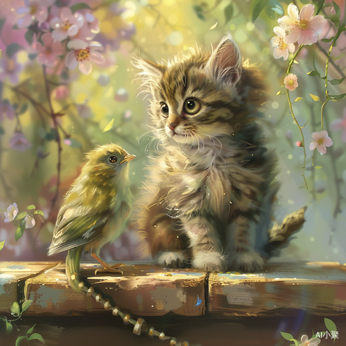 Cute and Beautiful Digital Artwork with a Cat and Bird