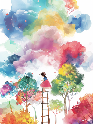 Colorful Clouds and Trees: A Fantasy Style Chinese Illustration