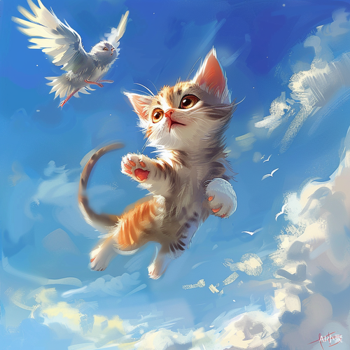 Adorable Kitty-Bird Hybrid in Cute Digital Art