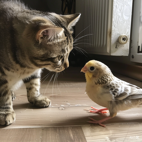 猫和鸟的友好互动，非常准确的照片